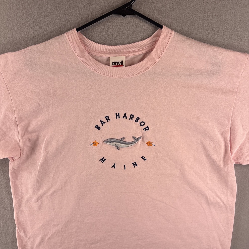 Vintage Bar Harbor Maine Whale T-Shirt Large Pink Embroidered Flowers